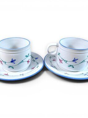 Savoir Vivre Portofino Blue Tea Cup Mug and Saucer Set of 2 White Floral Vintage